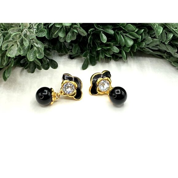 Gold and Black Enamel Flower Earrings With Crystal Accents and Black Beads - Picture 4 of 8